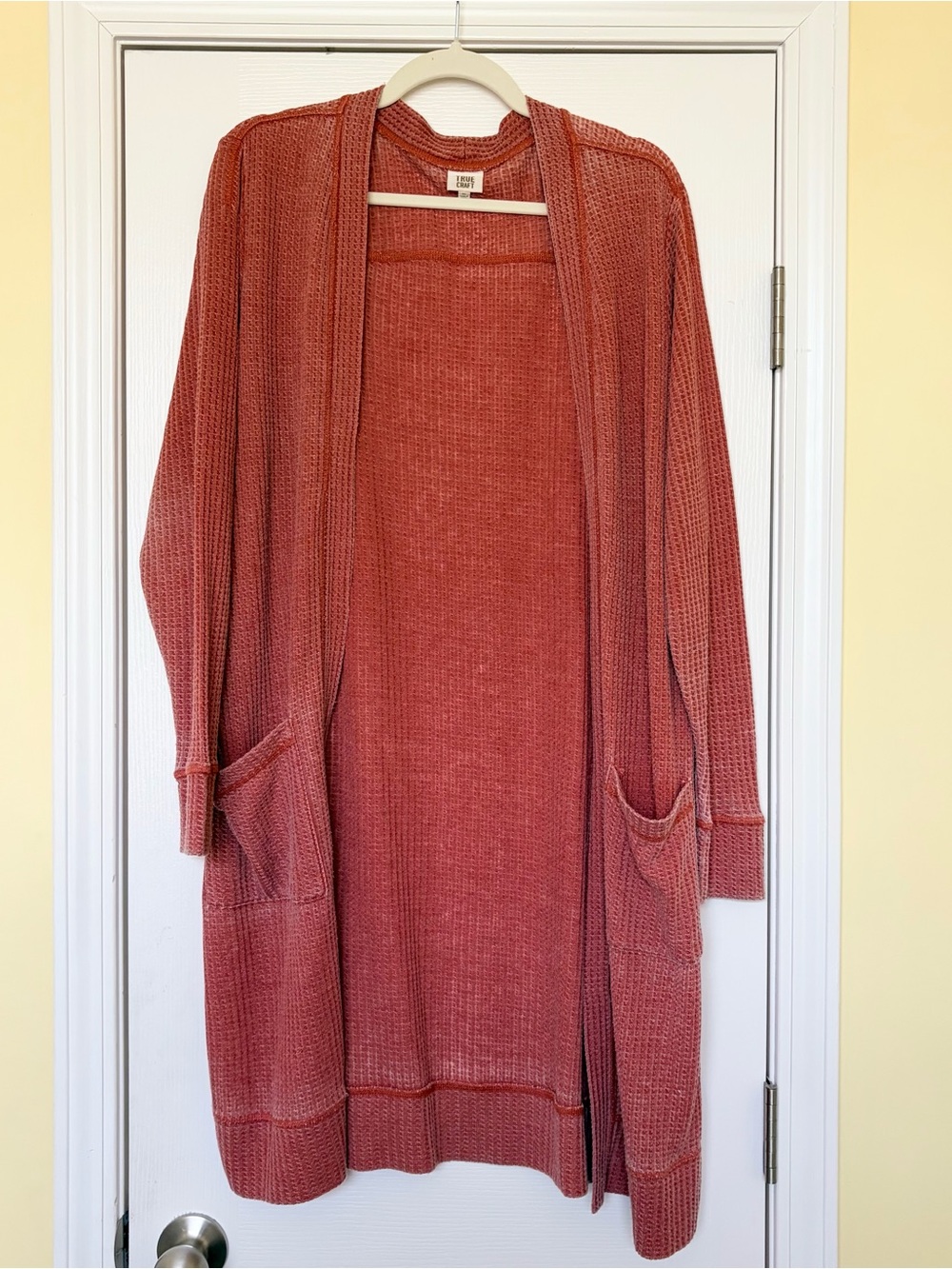 True Craft Rust Open-Front Waffle Knit Cardigan with Pockets and Hem Slits. XL